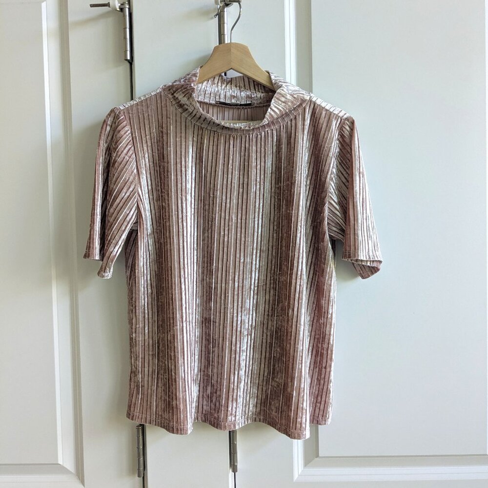 Loft Velvet Blouse Women S Dusty Rose Mock Neck Short Sleeve Velour Pleated Top